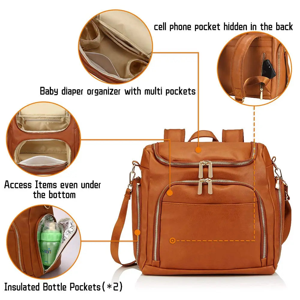 7-in-1 Baby Diaper Bag Solid Leather